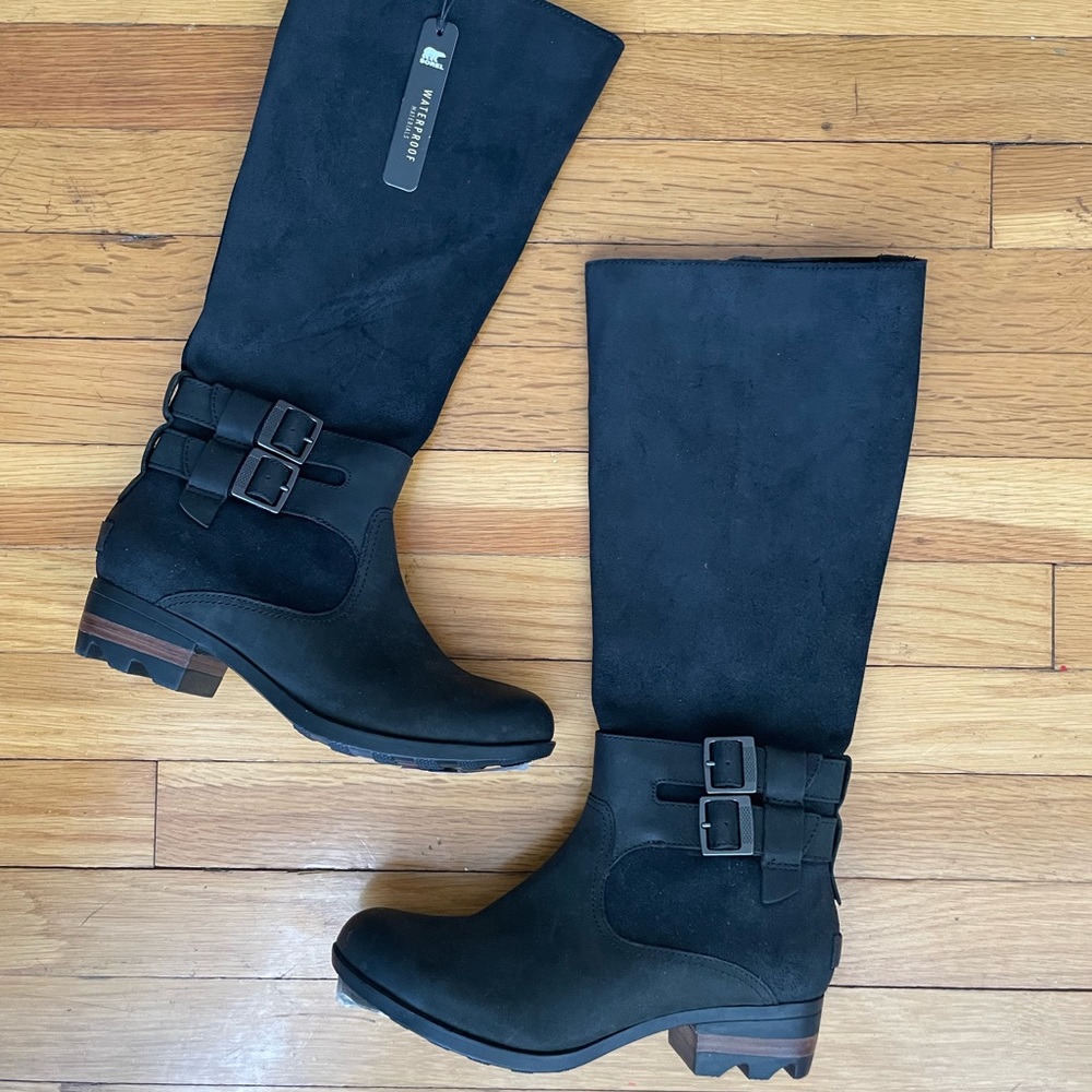 New SOREL LOLLA TALL II Women’s Waterproof Suede Leather Black Boots Size 7.5